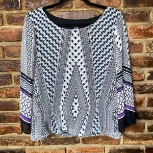AGB Black White Purple Long Sleeve Printed Lined Blouse Women's Size Medium
